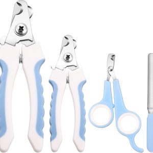 4 Pieces Dog Nail Clippers Kit Dog Cat Pets Nail Clippers and Trimmers with Safety Guard to Avoid Over Cutting for Large Small Animals Pet Grooming (Blue and White)