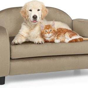 Pet Sofa Dog Couch for Small Dogs and Cats, Velvet  Cat Couch Bed with Removable Cushion, Washable Cover, Light Brown